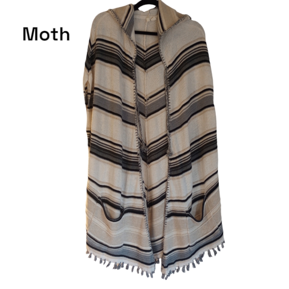 MOTH Women's Black Cream Poncho Cape Stripes Pockets Hood Tassels Longline Small